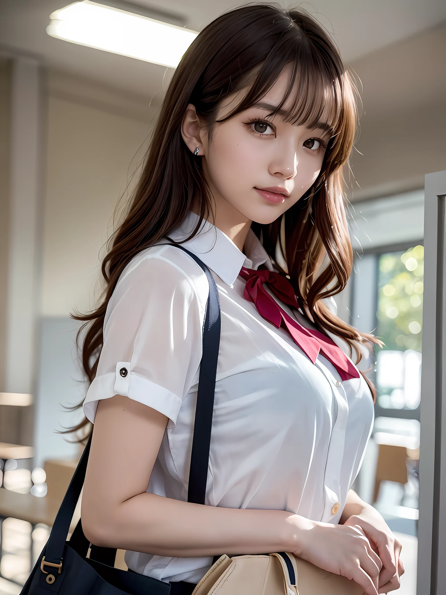 Masterpiece, upper body shot, front view, young pretty woman in Japan, 18 years old, standing smiling in the crowd on the boulevard, with a large tote bag on her shoulder, glamorous figure, wearing a silky shirt with short sleeves white collar and a shiny red satin plain bow tie, wearing a long length dark blue pleated skirt, super cute face, shiny lips, double eyelids for both eyes, natural makeup, long eyelashes, Medium length shiny smooth light brown hair, asymmetrical bangs, tanned skin, in the classroom, headframe, center image, 8K resolution, high resolution, detailed hairstyle, detailed face, spectacular movie lighting, octane rendering, vibrant, ultra-realistic, perfect limbs, perfect anatomy