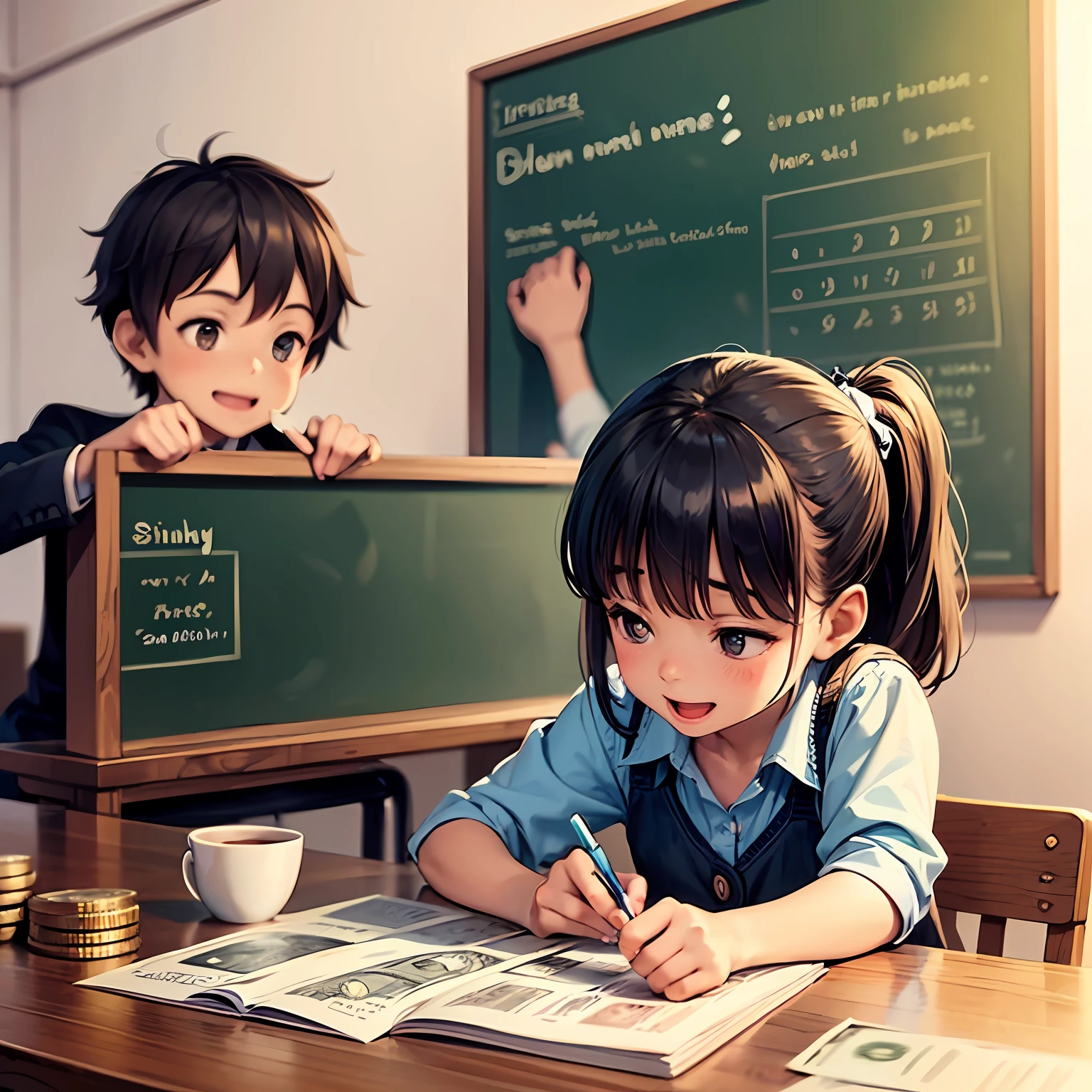 The image depicts a fun and educational scene, with a colorful and welcoming environment, specially designed to teach children about finances. The setting is a vibrant classroom with colorful tables and chairs, a chalkboard full of money-related drawings, and an enthusiastic teacher.

The children in the picture are smiling and engaged in interactive learning activities. Some of them are holding colorful piggy banks and placing coins in their slits, while others are playing with educational finance games. The atmosphere is lively, full of positive energy and enthusiasm.

On the chalkboard, we can see simple drawings that represent basic financial concepts such as saving, conscious spending, budgeting, and donations. These drawings help children better visualize and understand financial principles.

Around the classroom, there are additional visual resources, such as children's books on financial education, colorful illustrations that depict everyday situations related to money, and posters with practical tips for children to manage their allowances.

In the bottom corner of the image, there may be an inspiring message, such as "Building a Financially Healthy Future: Financial Education from an Early Age" or "Empower Your Children with Financial Knowledge: Teach Them to Thrive."

This image conveys the importance of educating children about finances from an early age, providing them with the tools they need to make healthy and responsible financial decisions in the future. It highlights the joy and enthusiasm that can be found in financial learning, helping children develop a solid foundation for a successful financial life. --auto