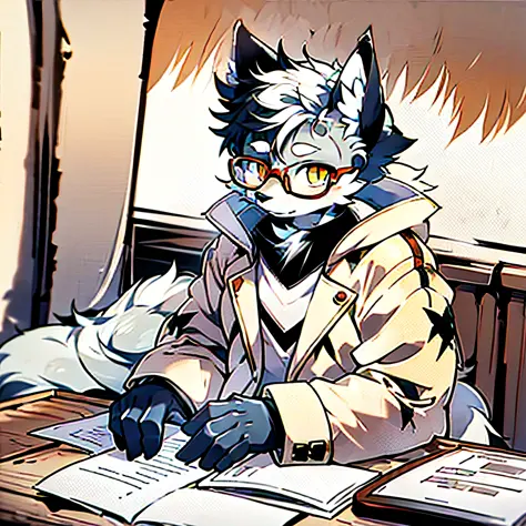 Furry, male arctic fox, gray fur, golden eyes, black-framed glasses, artist, wearing a white trench coat and berets, sitting in ...