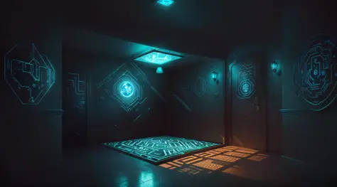 Square indoor space, secret room, immersive indoor horror theme, escape room, holography, projection, LED, maze, digital immersive indoor space, characters, decryption, exploration, detail, high precision, ground projection, lines, riddles, a girl, a boy, ...