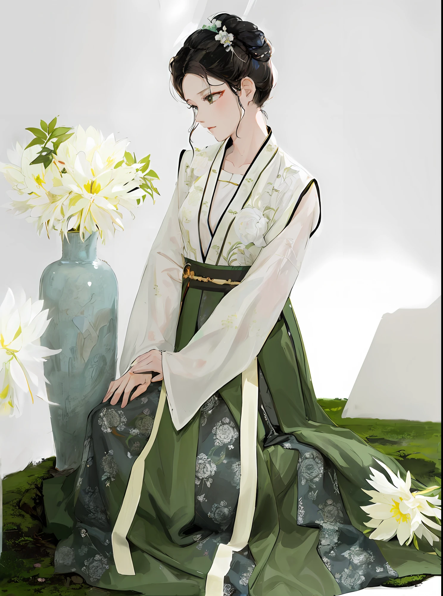 一位女士坐在青苔覆盖的地面上，手捧一瓶鲜花, Hanfu, white Hanfu, 穿着中国古代的衣服, 穿着古代中国服饰, 繁体中文 clothing, 中国服饰, 宫 ， a girl in Hanfu, 灵感来自顾安, 中式, 繁体中文, 符合中国古代审美, 受到宋徽宗的启发