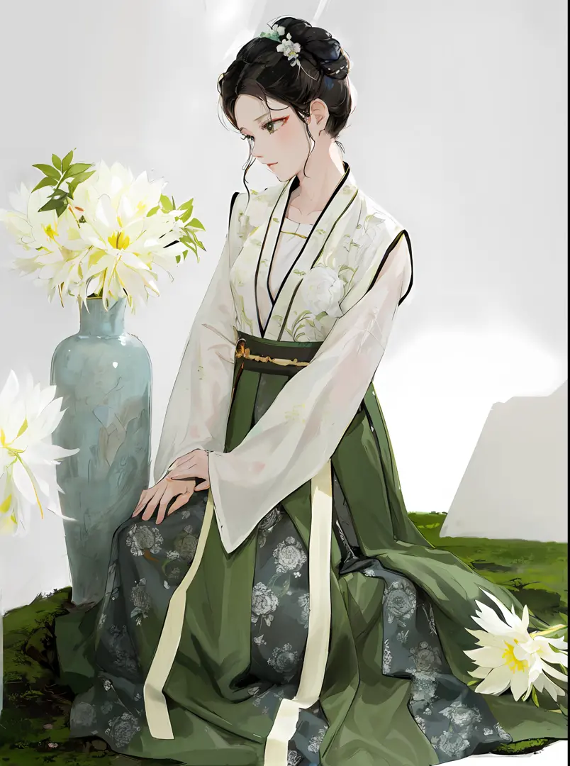 there is a woman sitting on a moss covered ground with a vase of flowers, hanfu, white hanfu, wearing ancient chinese clothes, w...