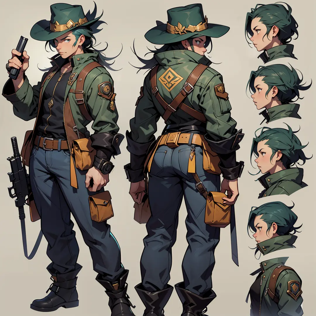 Close-up of a man in a gun costume, ((character concept art)), ((character design sheet, same character, front, side, back)) maple story character art, video game character design, video game character design, maple story gun girl, expert high detail conce...