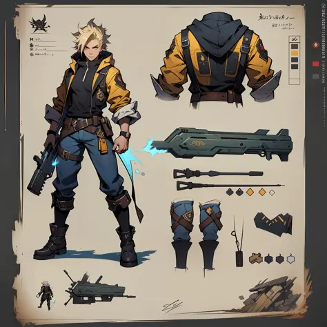 Close-up of a man in a gun costume, ((character concept art)), ((character design sheet, same character, front, side, back)) map...