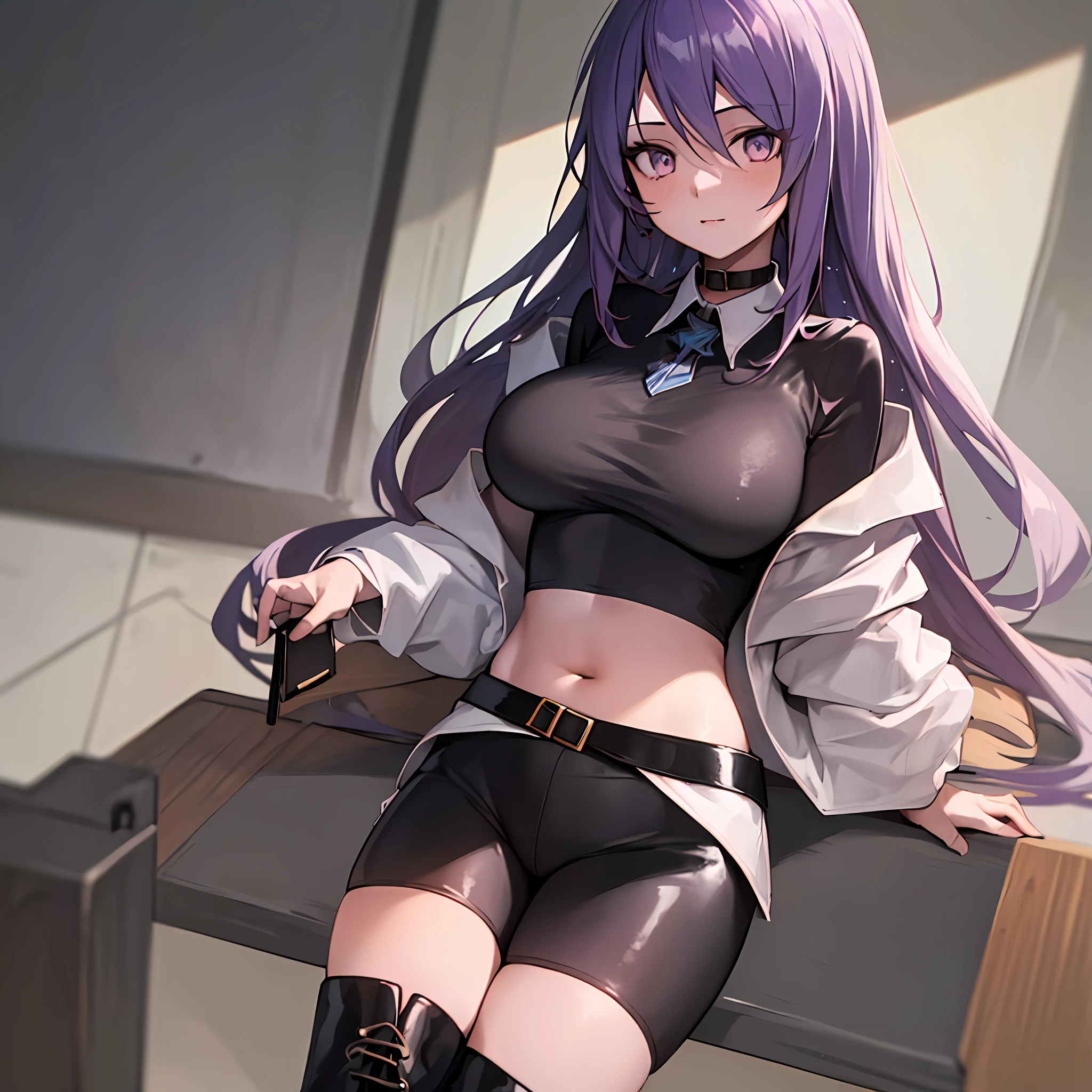 masterpiece, best quality, ultra-detailed, illustration,1girl,moona hoshinova,long hair,purple hair,gradient hair,colored inner hair,purple eyes,black shirt,crop top,shorts,bike shorts,black shorts,large breasts,collared shirt,thigh boots,black footwear,,belt,high heels boots,  (bgrab), (pov belly grab), (standing), upper body, white jacket,