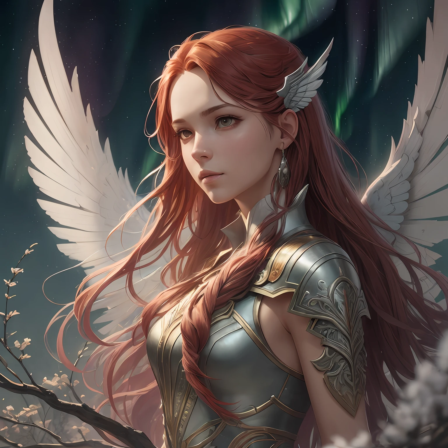 (atmosphere with light and a tree behind)+ 8k aurora portrait, girl with super long hair, super long very light red hair, in battle clothes, with giant silver wings on the back, intricate, highly detailed, digital painting, smooth, sharp focus, illustration, unreal engine 5, 8 k, art by Artgerm and Greg Rutkowski and Alphonse Mucha