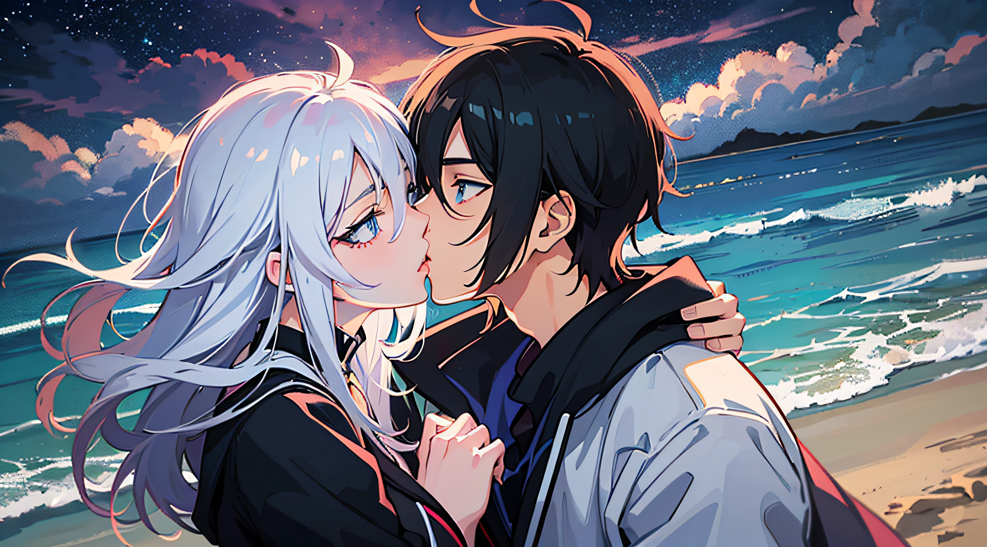 Anime couple kissing on the beach at night - SeaArt AI