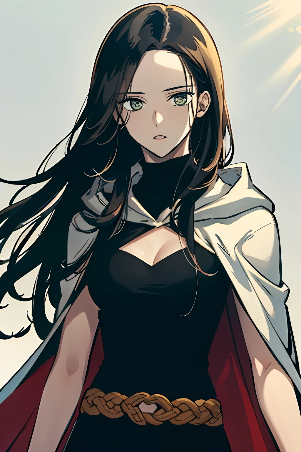 masterpiece, high quality cg, anime, illustration, best quality, 1girl, beautiful face, detailed face, beautiful eyes, detailed eyes,  highres, absurdres, altairdb, solo, very long hair, green eyes, tall, looking at viewer, exprressionless, (black hair:1.4), dress, belt, cape, black dress, sleeveless, hood down, cloak, white cloak, adult,  slender body, thin waist, black pants, black boots, standing,