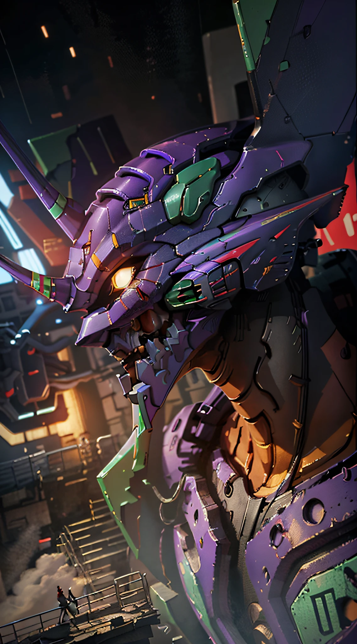 (Eva 01), Eva God, Evangelion Mecha, Science fiction, Looking at the Audience, 3d rendering, (Official Art, Best Quality, Masterpiece: 1.2), Illustration, High Resolution, Beautiful Abstract Background, Futurism, Cyberpunk, Intense Angle,