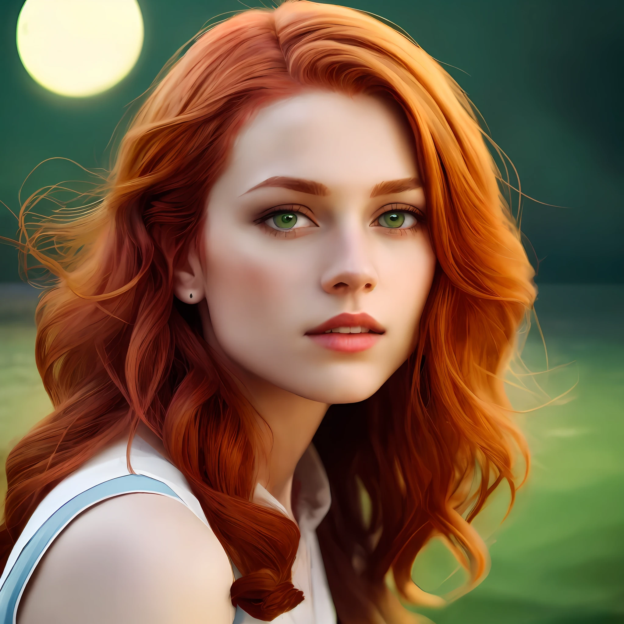 Full body in bikini, athletic, with feet in the sea water on the edge of the beach, night sky with full moon reflecting in the sea, super detailed, realistic, photography, woman with red hair, very beautiful, sensual, real turtle tattoo below the navel, green eyes