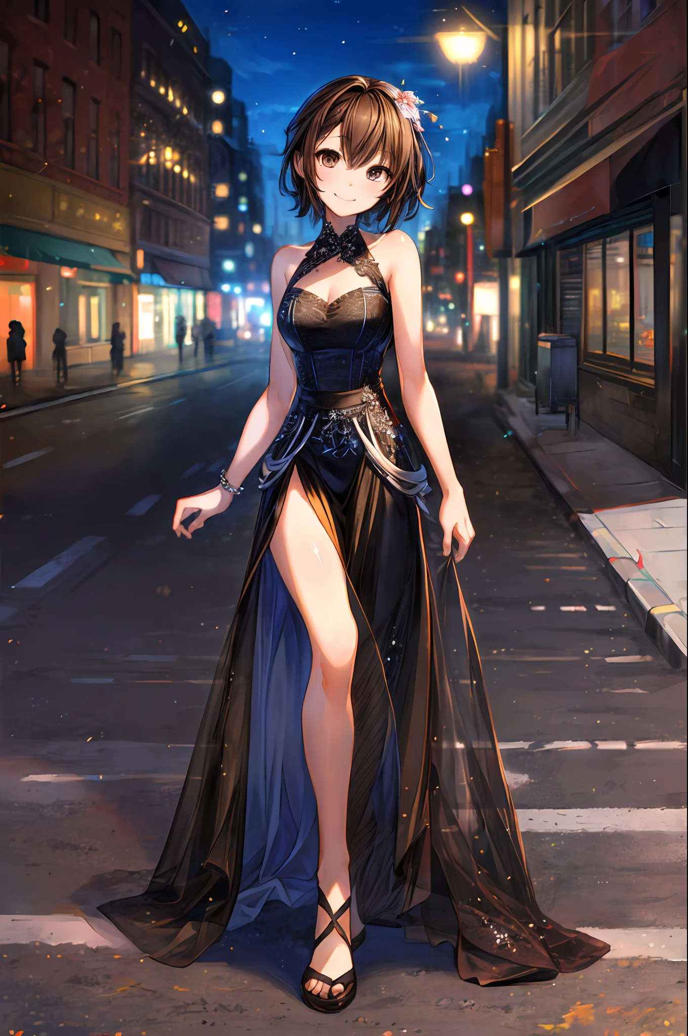 ((Best quality, 8k, Masterpiece :1.3)), 1girl, smiling, full body, slim face, Pretty woman, (Dark brown hair), full length dress :1.1, Ultra-detailed face, Detailed eyes, Double eyelid, blur background, slim face, city, outside, street,