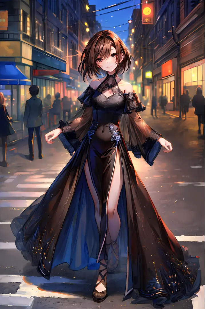 ((best quality, 8k, masterpiece :1.3)), 1girl, smiling, full body, slim face, pretty woman, (dark brown hair), full length dress...