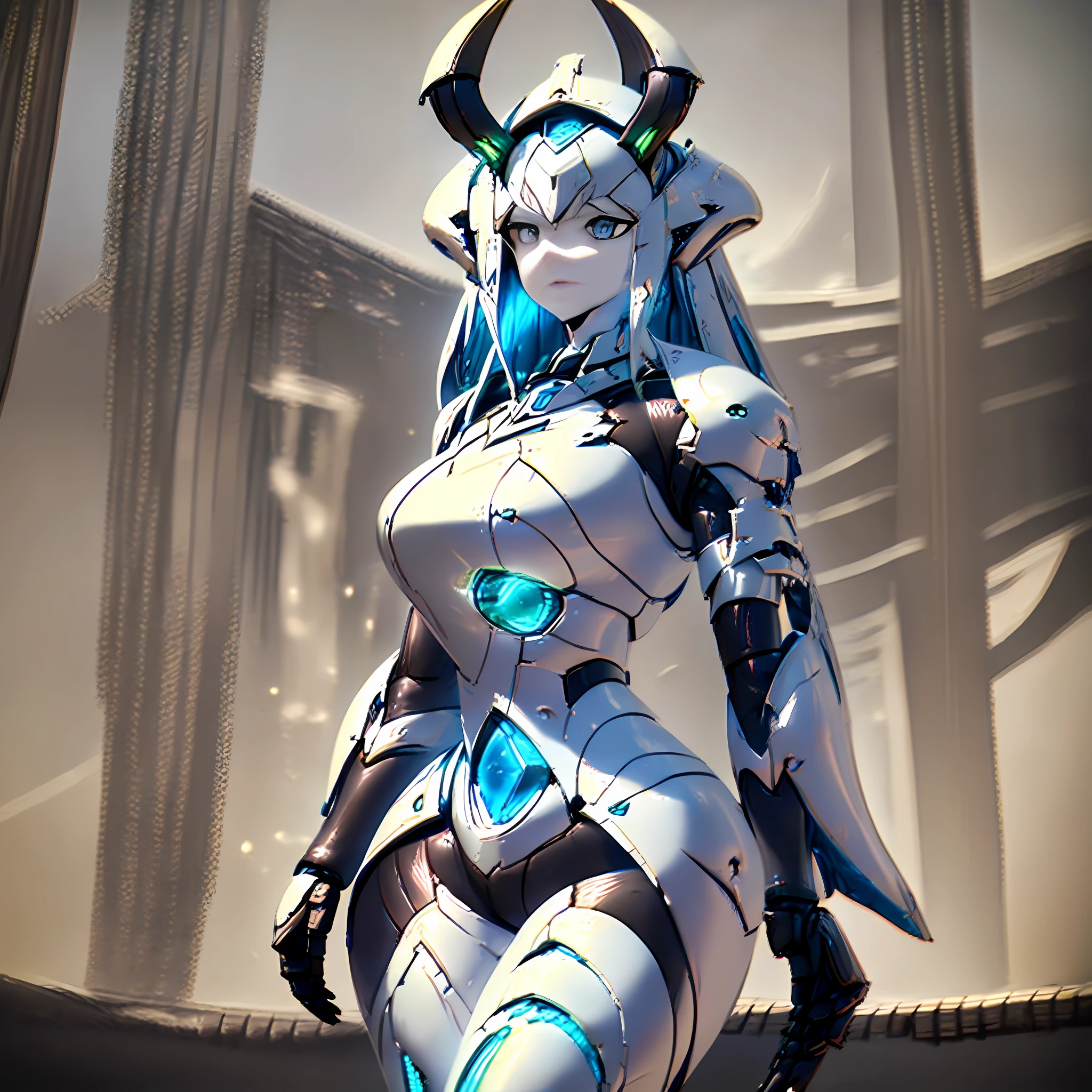 A mech with charming curves and beautiful posture, the mech shows a body with female human characteristics, the mech is white and decorated with blue gemstones, and the head is wearing a blue and white mechanized demon horn, only one armor in the picture, no other armor exists, 8k