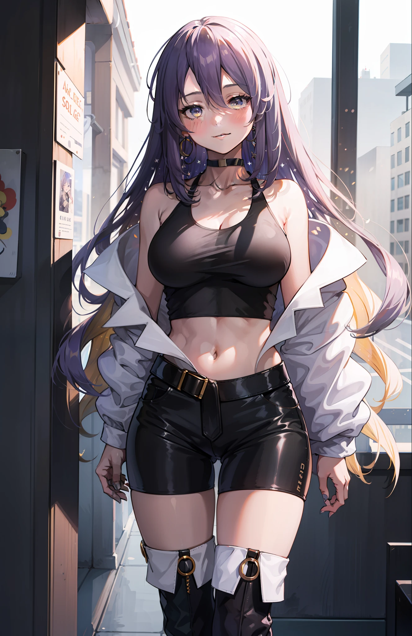 1girl, Moona Hoshinova, purple long hair, white jacket, short jeans pants, short pants, crop top, show stomach, city road, standing, (masterpiece:1.2), highres, best quality, 8k, sexy pose, blush, shy, smile, v neck shirt, show middle , breat out, stocking, very short pants,