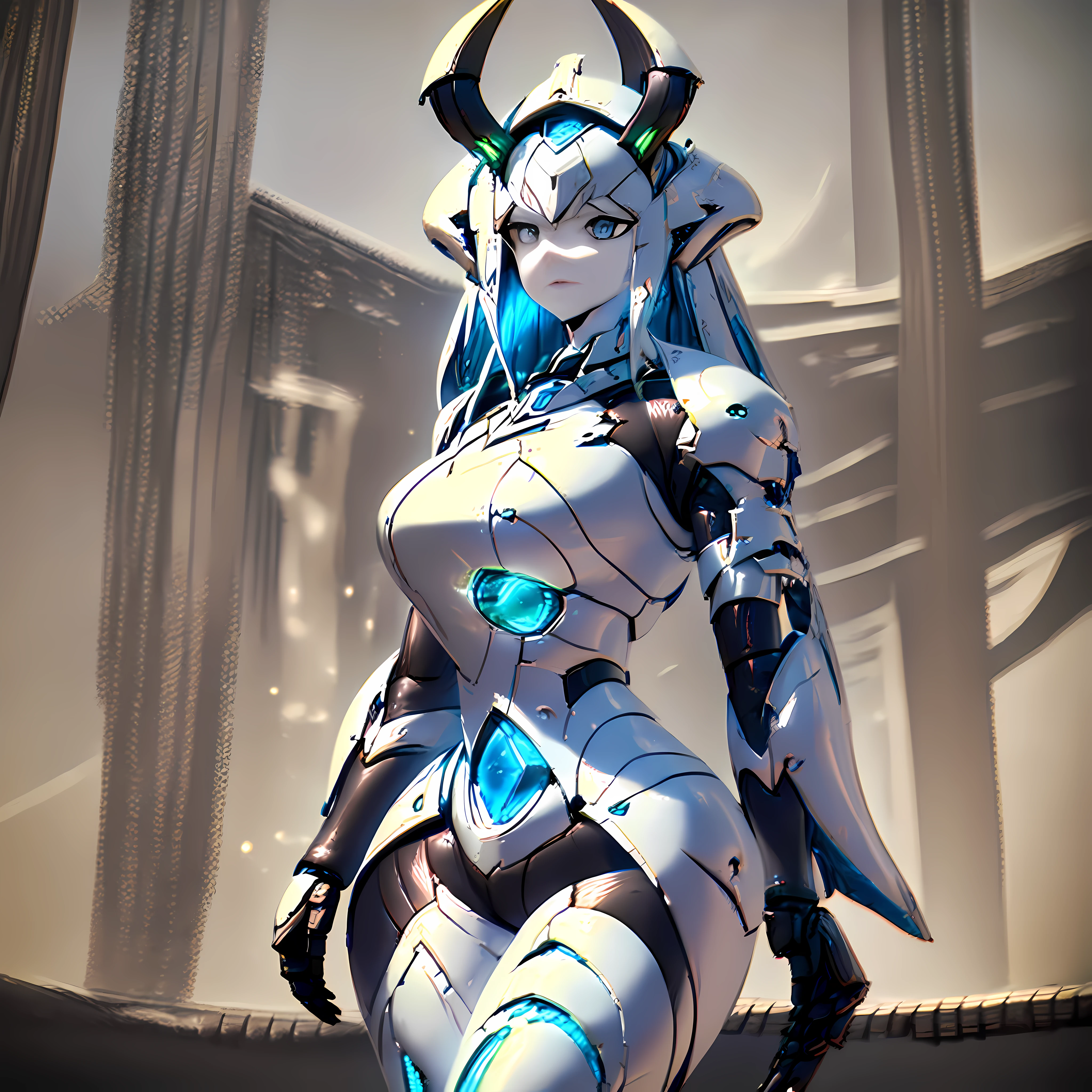 A mech with charming curves and beautiful posture, the mech shows a body with female human characteristics, the mech is white and decorated with blue gemstones, and the head is wearing a blue and white mechanized demon horn, only one armor in the picture, no other armor exists, 8k