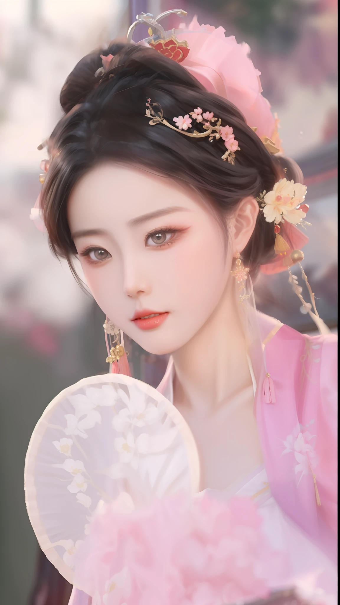 a close up of a woman in a pink dress holding a fan, chinese style, traditional chinese, palace ， a girl in hanfu, chinese princess, traditional beauty, ancient chinese princess, ancient chinese beauties, chinese girl, chinese woman, gorgeous chinese model, beautiful render of tang dynasty, ruan jia beautiful!, ((a beautiful fantasy empress)), wearing ancient chinese clothes