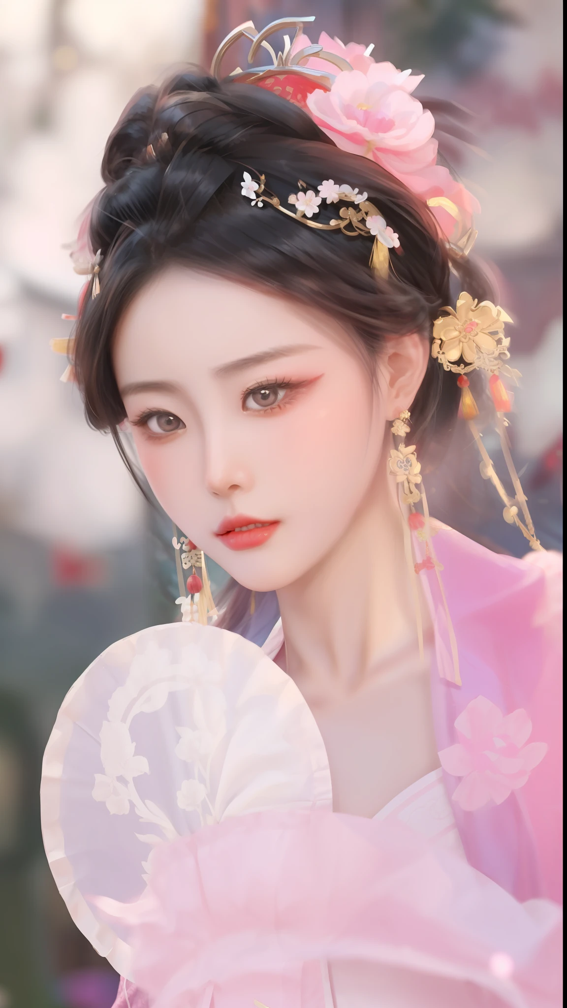 eine Nahaufnahme einer Frau in einem rosa Kleid, die einen Fächer hält, chinesischer Stil, traditionelles Chinesisch, Palast ， Ein Mädchen in Hanfu, chinesische prinzessin, traditionelle Schönheit, ancient chinesische prinzessin, alte chinesische Schönheiten, chinesisches Mädchen, Chinesin, wunderschönes chinesisches Modell, wunderschöne Darstellung der Tang-Dynastie, Ruan Jia schön!, ((eine wunderschöne Fantasiekaiserin)), das Tragen antiker chinesischer Kleidung