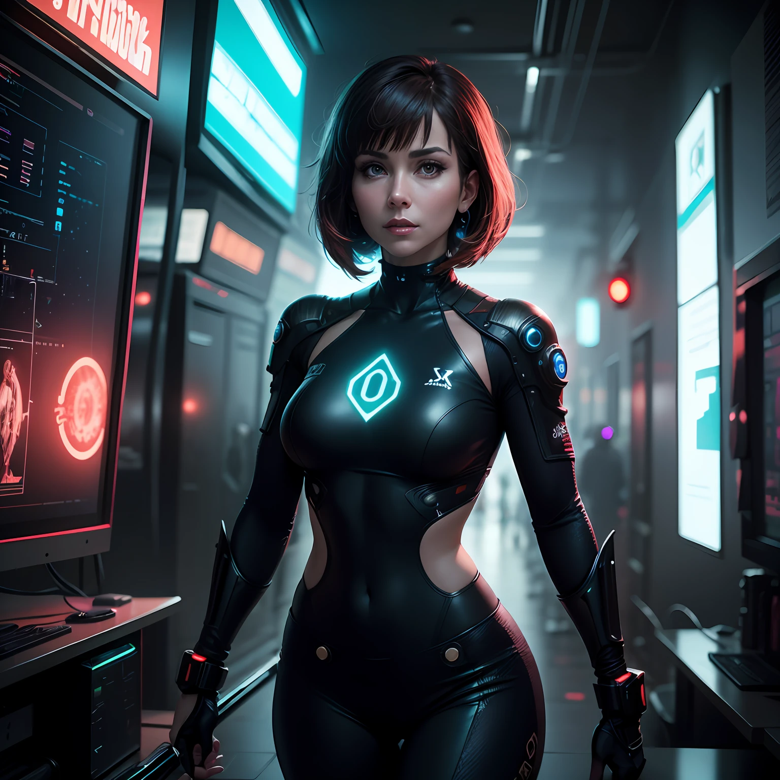 A woman in a futuristic suit standing in a hallway - SeaArt AI