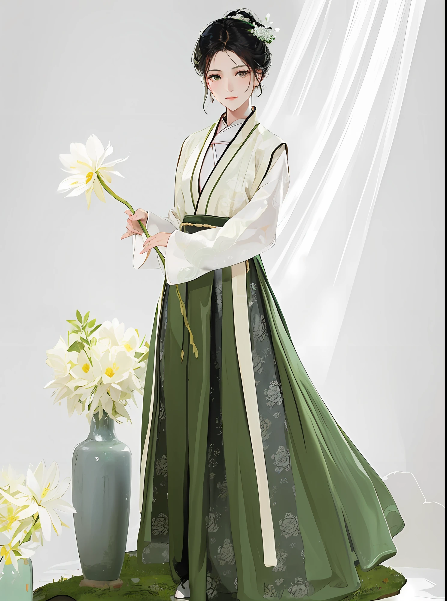 Araffe Frau in einem grün-weißen Kleid hält eine Blume, hanfu, das Tragen antiker chinesischer Kleidung, weißer Hanfu, traditionelle chinesische Kleidung, mit antiker chinesischer Kleidung, Palast ， Ein Mädchen in Hanfu, Chinesisches Kostüm, inspiriert von Gu An, inspiriert von Kaiser Huizong von Song, traditionelles Kleid, kaiserliche, königliche, elegante Kleidung, traditionelle Kleidung