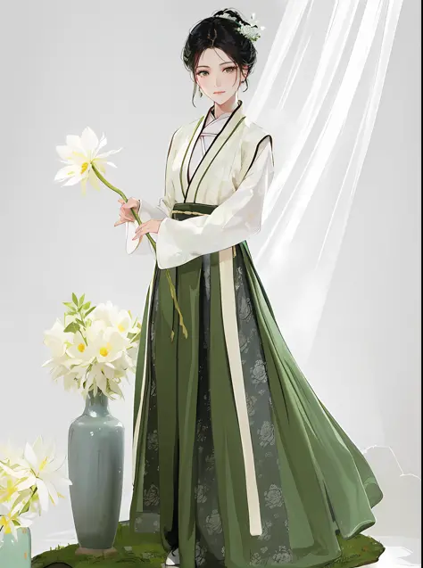 araffe woman in a green and white dress holding a flower, hanfu, wearing ancient chinese clothes, white hanfu, traditional chine...