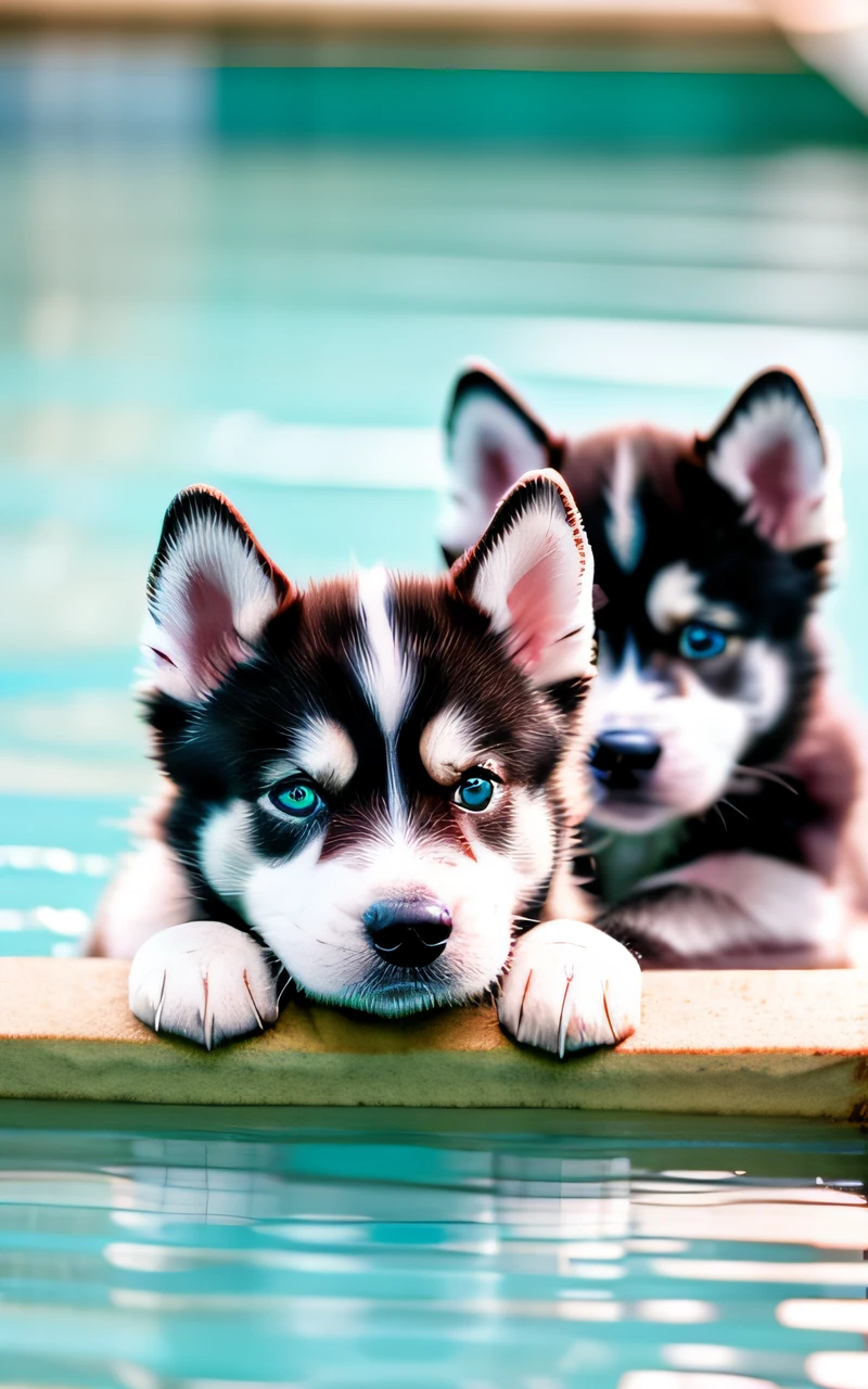 Hyperqualität,Zwei süße Siberian Husky Welpen,verschiedene Körperfarben,im Pool schwimmen,Gebell,schmale Augen,lächeln,eos r3 28mm