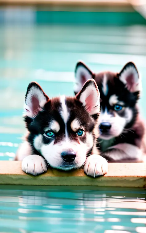 Hyper Quality,Cute two Siberian Husky puppies,different body colors,swimming in the pool,barking,narrow eyes,smile,eos r3 28mm