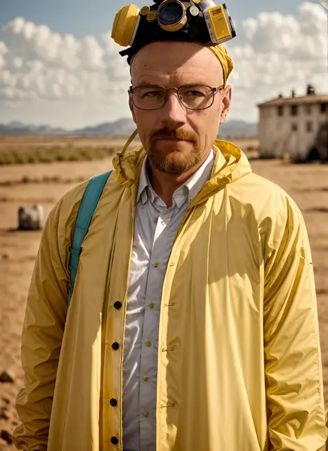 A stunning intricate full colour upper body photo of man wearing glasses, (wearing a yellow lab coat and a gas mask on the head)...