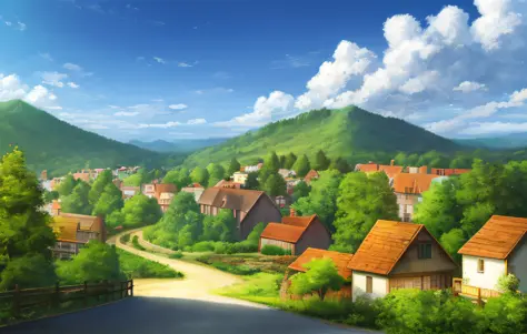 scenery, forest, village, well, sky, clouds