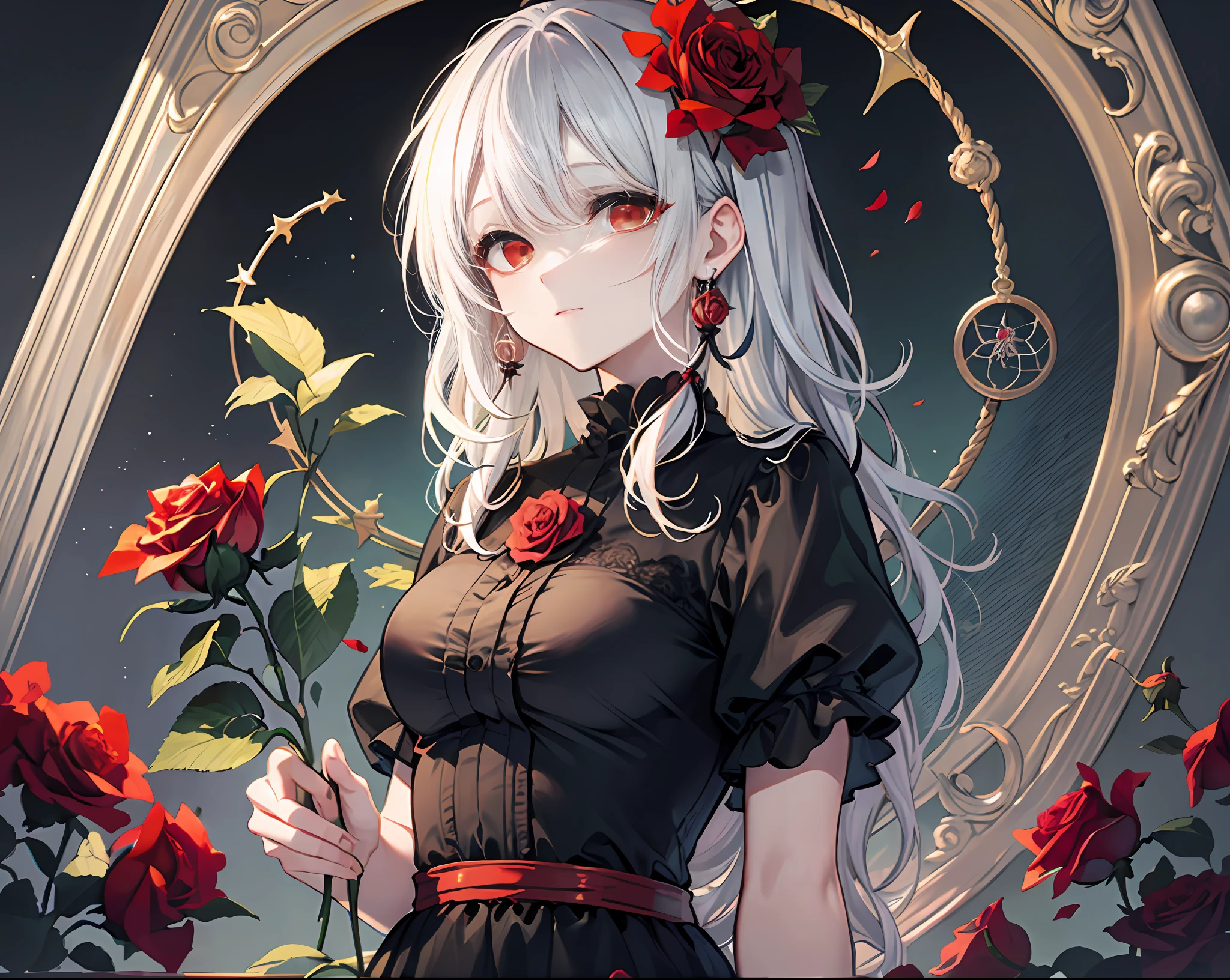 (best quality, masterpiece), (1girl, solo, black dress, standing , looking at viewer, white hair, red eyes, holding rose, closed mouth, upper body), (red dreamcatcher behind, red flower, )