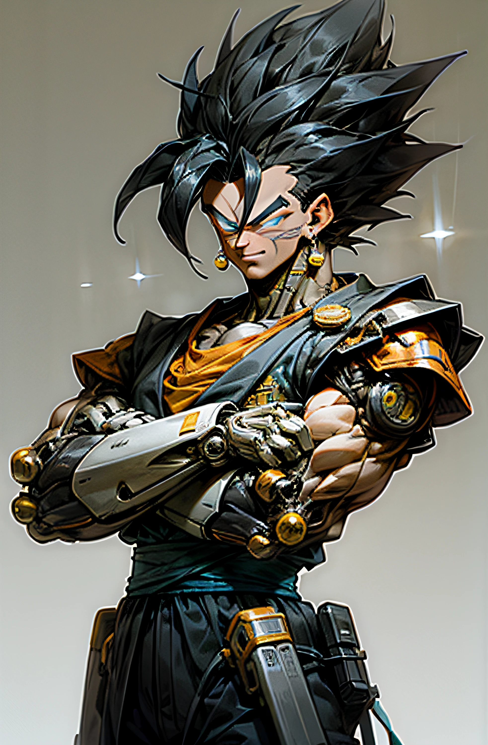 (masterpiece, best quality: 1.2), cowboy shooting, strong, muscular, solo, male approach, 1boy, vegetto, smile, looking at the viewer, crossed arms, black hair, spiked hair, blue eyes, dougi, white gloves, pectorals, desert background, levitating stones. Dark_Fantasy, Cyberpunk,, 1man, mechanical wonder, robotic presence, cybernetic guardian,