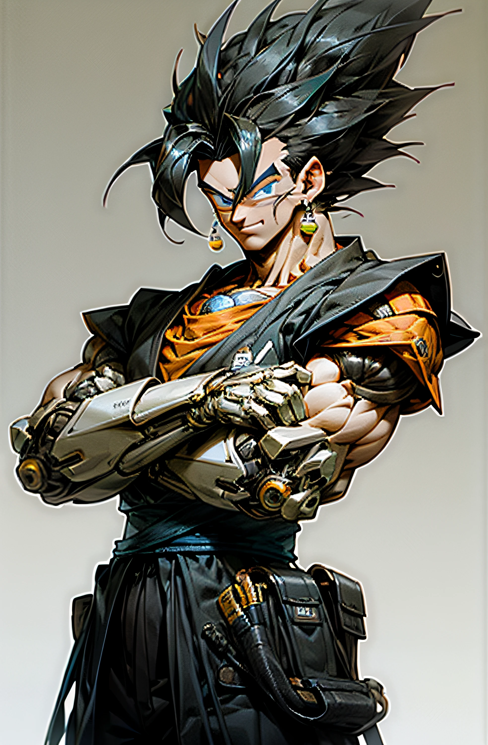 (masterpiece, best quality: 1.2), cowboy shooting, strong, muscular, solo, male approach, 1boy, vegetto, smile, looking at the viewer, crossed arms, black hair, spiked hair, blue eyes, dougi, white gloves, pectorals, desert background, levitating stones. Dark_Fantasy, Cyberpunk,, 1man, mechanical wonder, robotic presence, cybernetic guardian,