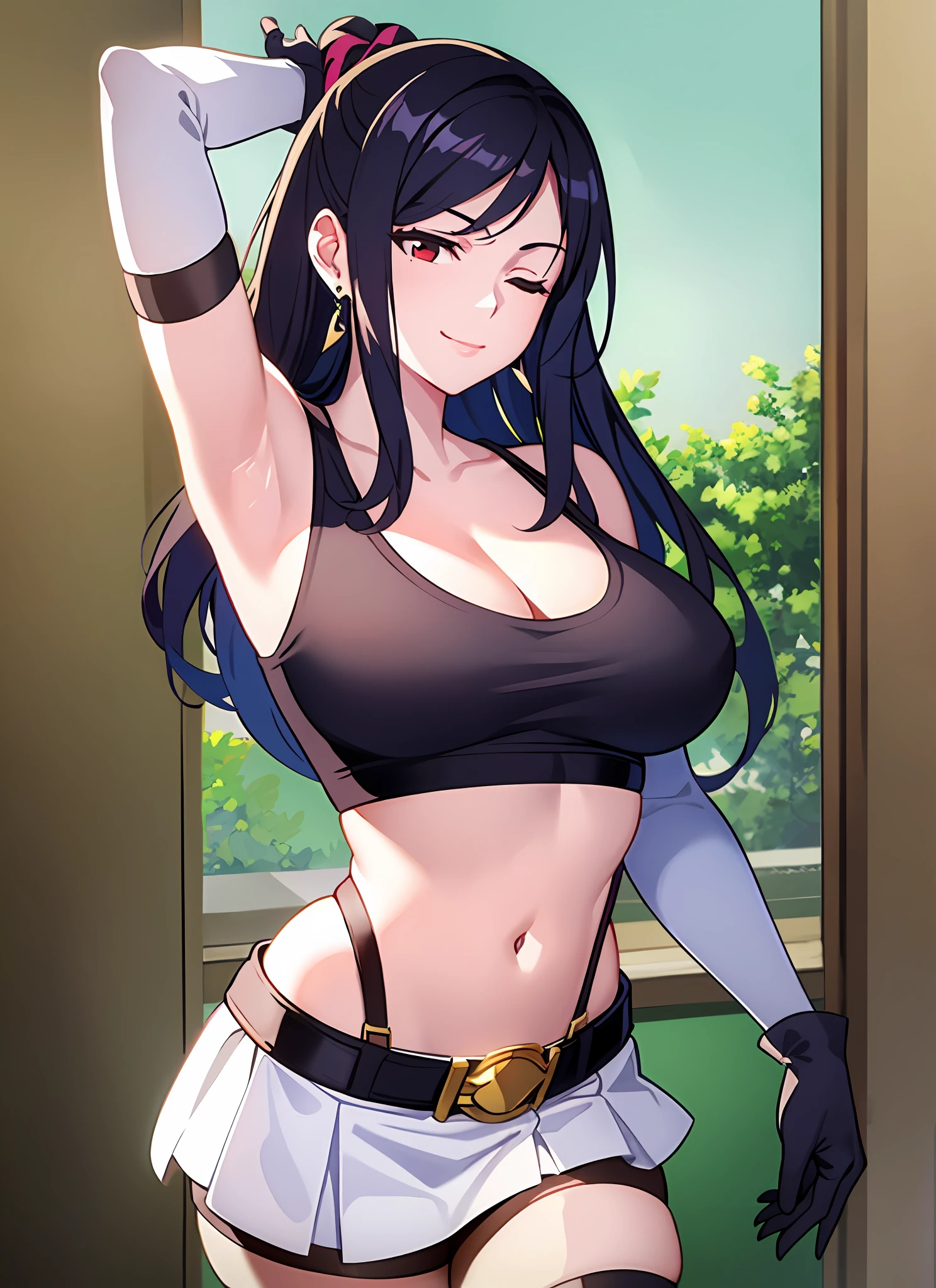 LWA tifa lockhart, 1girl, thick lips, arm up, armpits, artist name, belt, black hair, breasts, brown eyes, cleavage, closed mouth, collarbone, cowboy shot, crop top, earrings, elbow gloves, elbow pads, gloves, jewelry, large breasts, lips, long hair, low-tied long hair, midriff, navel, one eye closed, outdoors, skirt, smile, solo, stomach, suspenders, tank top, upper body, ((masterpiece))