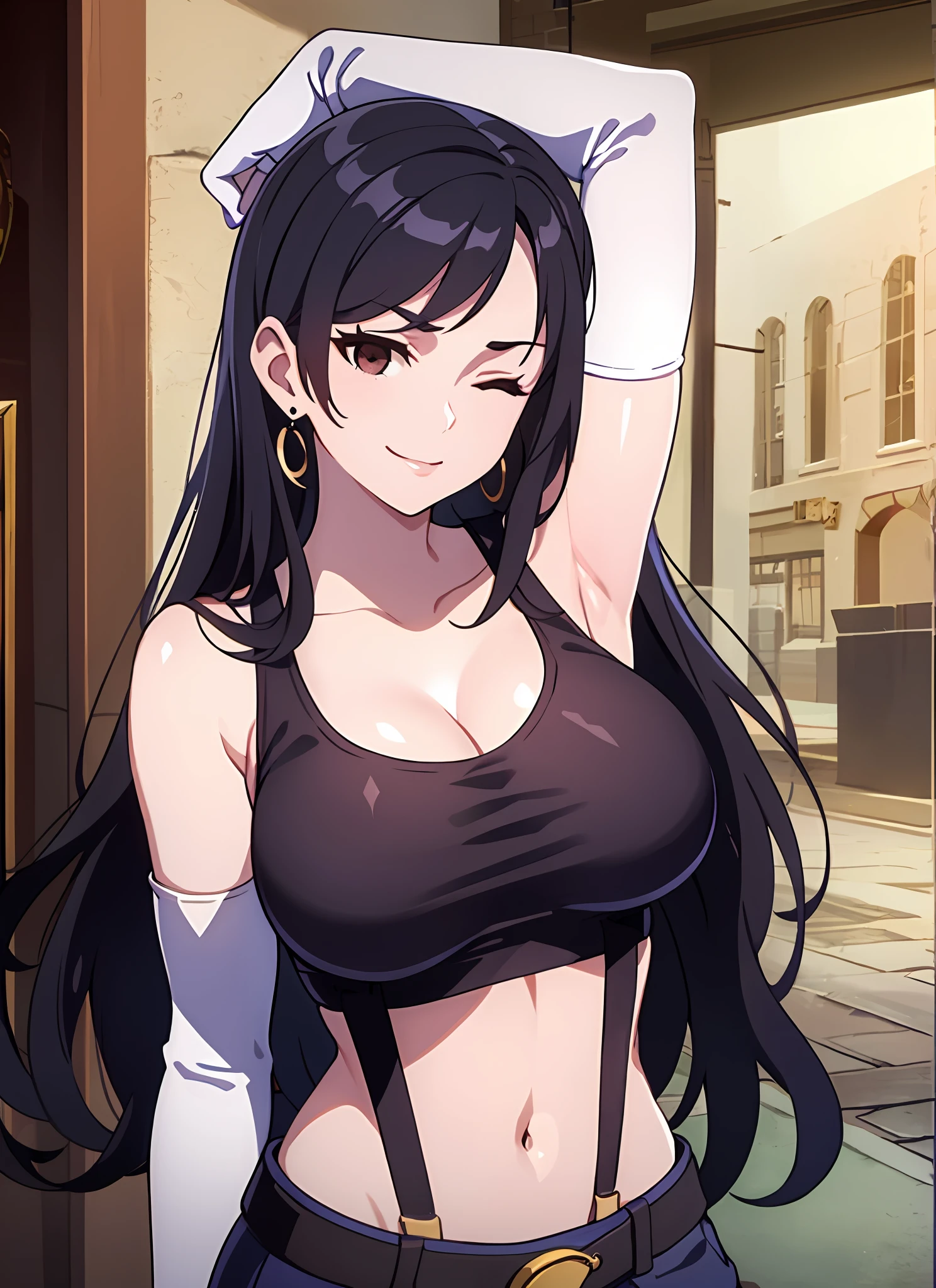 LWA tifa lockhart, 1girl, thick lips, arm up, armpits, artist name, belt, black hair, breasts, brown eyes, cleavage, closed mouth, collarbone, cowboy shot, crop top, earrings, elbow gloves, elbow pads, gloves, jewelry, large breasts, lips, long hair, low-tied long hair, midriff, navel, one eye closed, outdoors, skirt, smile, solo, stomach, suspenders, tank top, upper body, ((masterpiece))