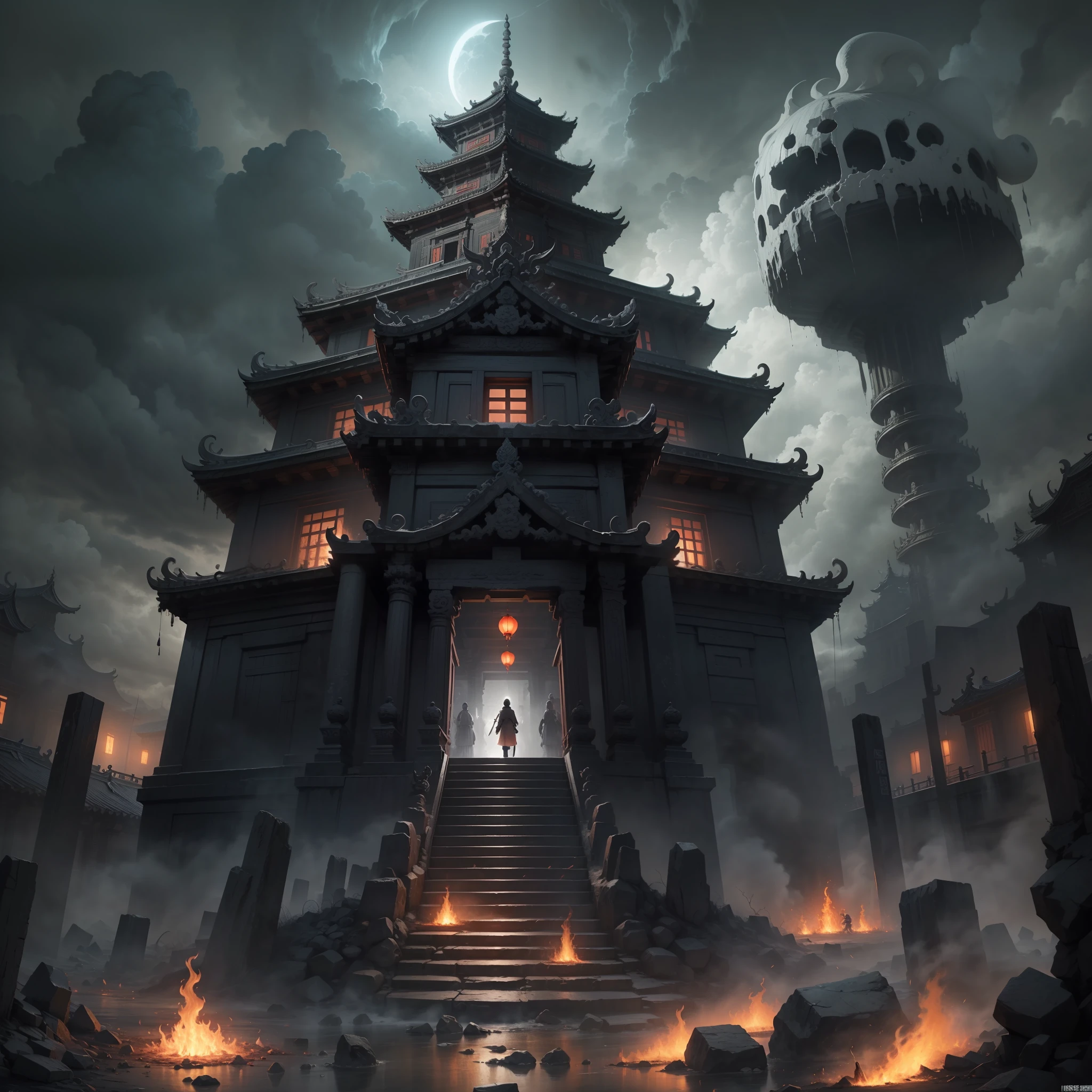 Masterpiece, highest quality, HD, 8k, series, ghost city, eighteen layers of hell, Yan Luo Temple, black and white impermanence, Hades, ghost fire, dark sky, terrifying atmosphere, judgment