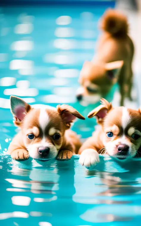 Hyper Quality,Cute two Chihuahua puppies,different body colors,swimming in the pool,barking,narrow eyes,smile,eos r3 28mm