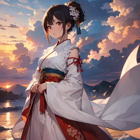 real photo, raw photo, realistic:1.6, 1girl,mxgirl,solo, close up, wearing hanfu, tang style,  light pink upper shan, white chest po skirt, an ethereal goddess draped in a cloud-like gown, floating effortlessly amidst a clouds of mist,  best quality, ultra...