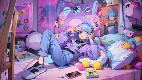 anime - style picture of a woman laying on a bed with a remote control, 8 0 s anime vibe, 8 0 s anime style, 9 0 s anime aesthet...