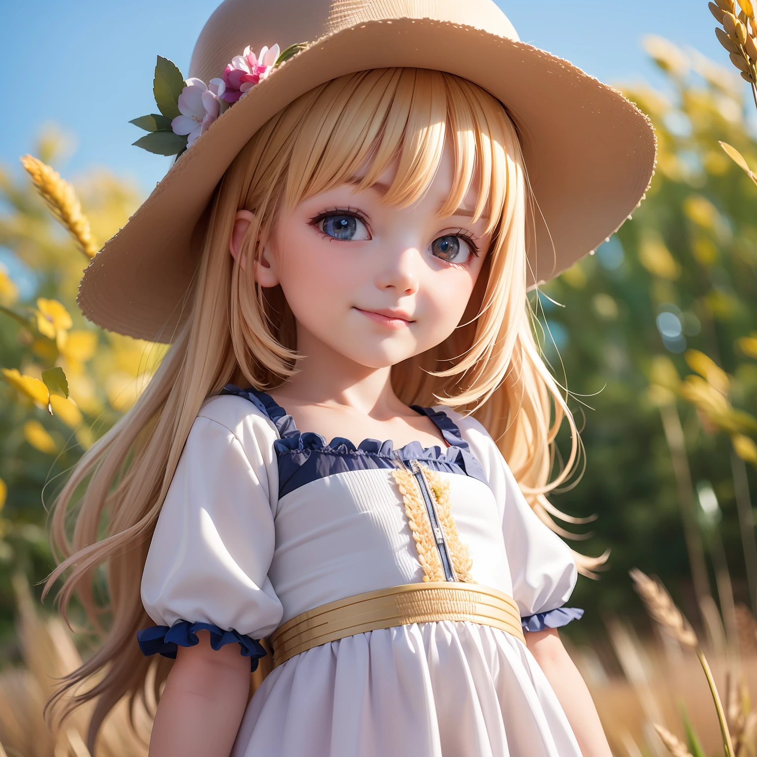 ((6year old girl:1.5)), 1 girl, , petite girl, complete anatomy, whole body, children's body, child, super cute, girl, , beautiful girl,  beautiful shining body,
bangs,blond hair,high eyes,(aquamarine eyess), drooping eyes, petite,tall eyes, beautiful girl with fine details, Beautiful and delicate eyes, detailed face, Beautiful eyes, beautiful shining body, 
Smiles, happiness, 
wheat fields,horizon,(golden wheat fields),
Sorochka white blouse,Sorochka,Embroidery, ukraine, blue yellow,natural light,((realism: 1.2)), dynamic far view shot,cinematic lighting, perfect composition, by sumic.mic, ultra detailed, official art, masterpiece, (best quality:1.3), reflections, extremely detailed cg unity 8k wallpaper, detailed background, masterpiece, best quality, (masterpiece), (best quality:1.4), (ultra highres:1.2), (hyperrealistic:1.4), (photorealistic:1.2), best quality, high quality, highres, detail enhancement,