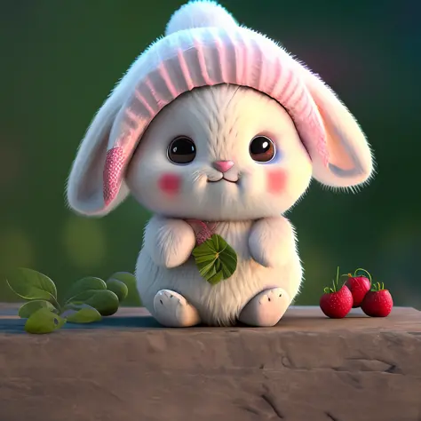 bunny, realistic, furry animal, apple, black eye, blush, cherry, food, fruit, full body, hat, inhuman, strawberry, tomato, watermelon