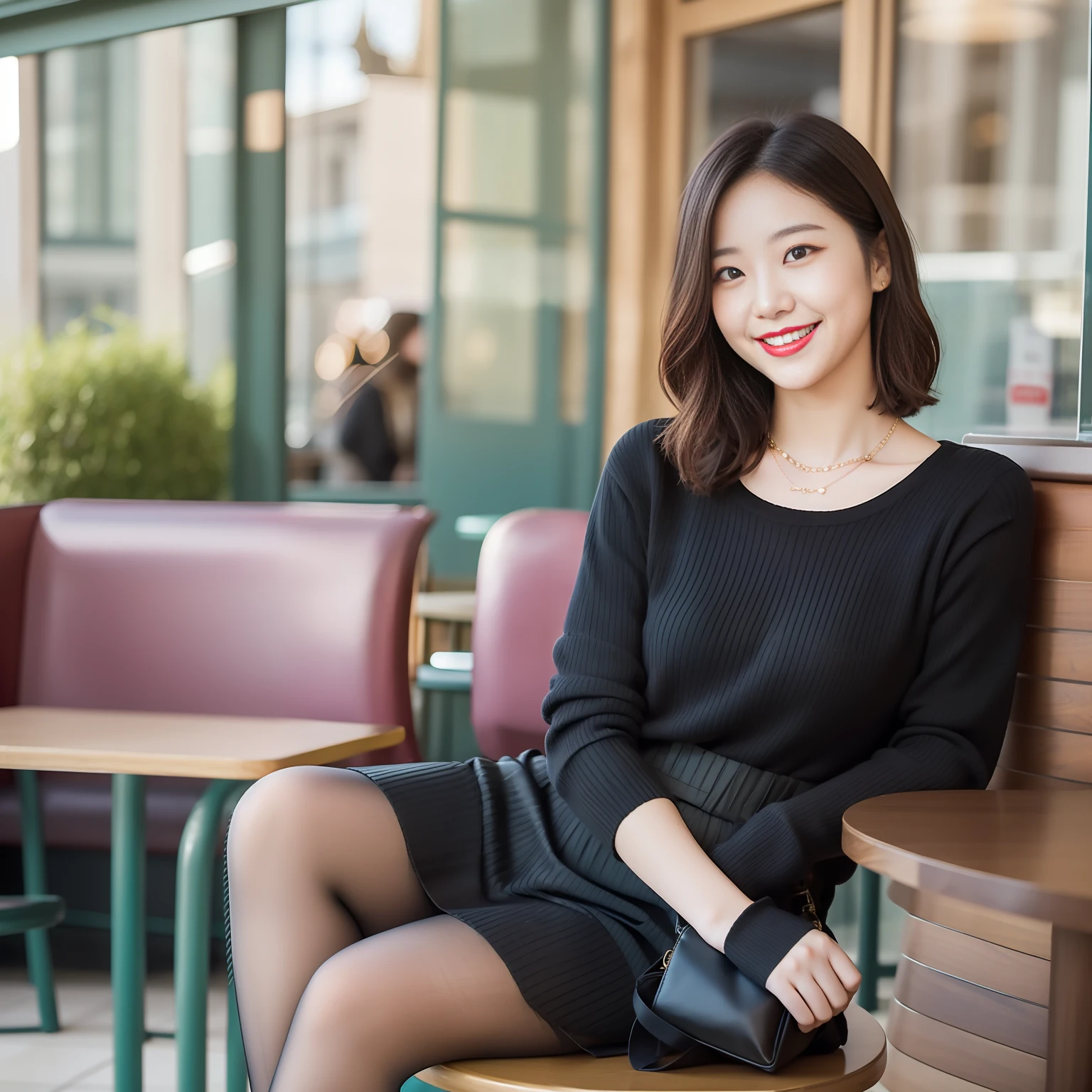 8k uhd, dslr,film grain, Fujifilm XT3,(best quality:1.3), (masterpiece:1.1), high resolution, cinematic light, intricate details, (photorealistic),outside,beautiful outside,sunny,
korean girl,(in cafe:1.5) , dimples, bobcut, looking at viewer, detailed trees, ribbons, bowties, bare shoulders, ribbed sweater, 
pencil skirt, high-waist skirt, head rest, sitting, indoors,
 necklace,black pantyhose, sheet transportation sweater, (smile),(full body:1.6),slender,