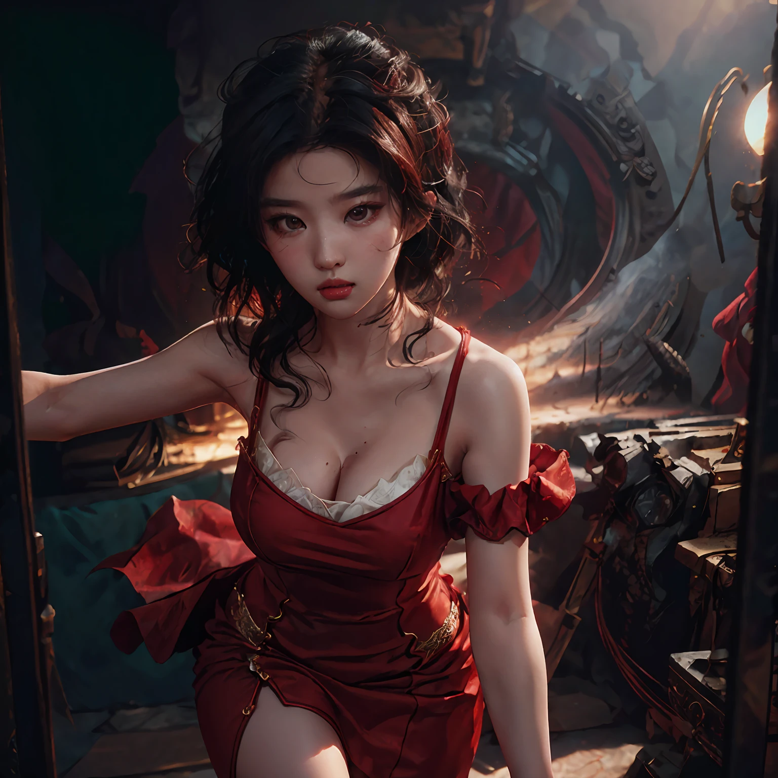 Ace, 4k, High Resolution, Masterpiece, Best Quality, Head: 1.3, (Korean K-pop Idol), Delicate Skin, Sharp Focus, (Cinema Lighting), Clavicle, Morning, Soft Light, Dynamic Angle, [:(detailed face:1.2):0.2], armpit wrinkles, thigh gap, red dress, slim, mid-chest, cleavage, full body, --auto