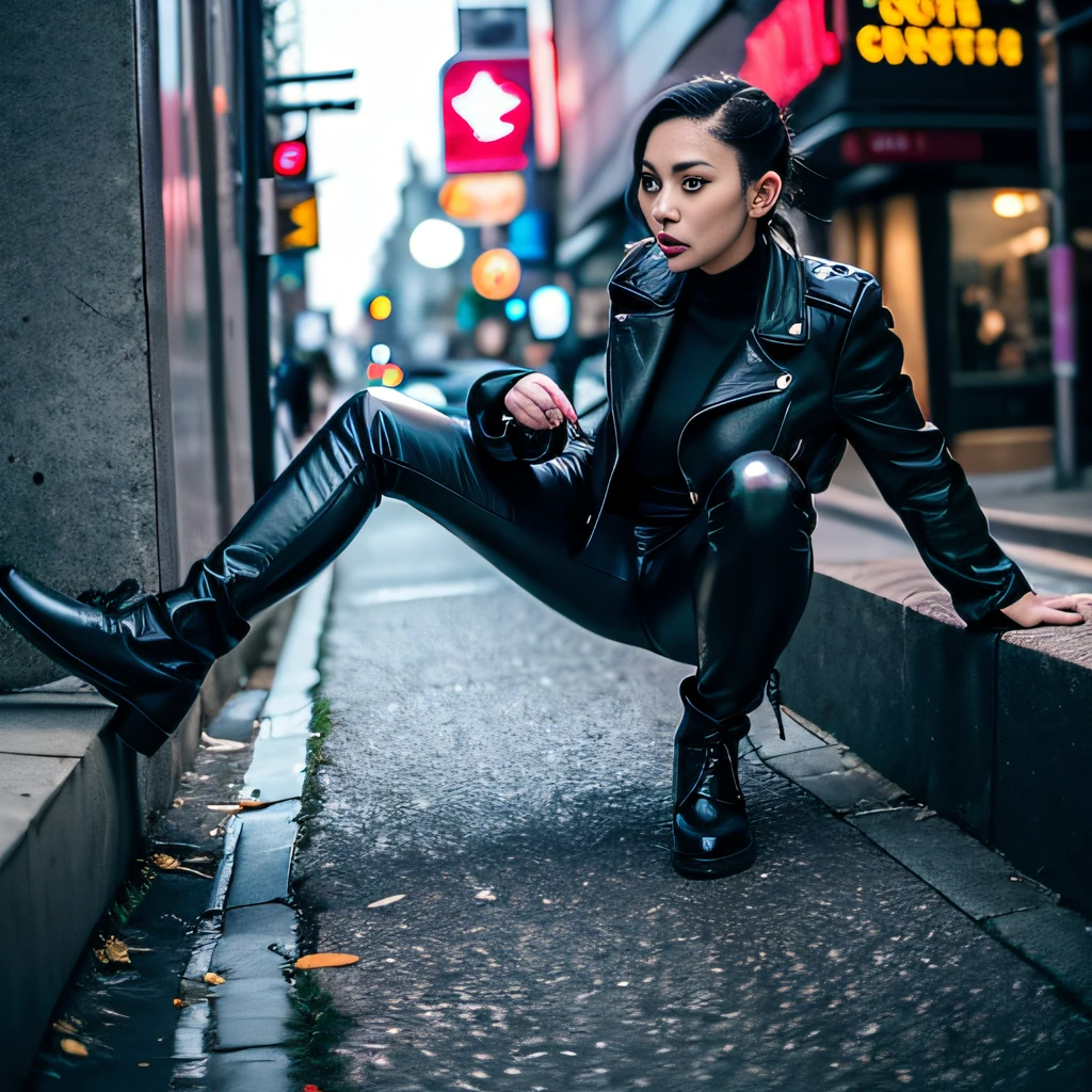 Woman in black leather jacket and black pants sitting on a curb - SeaArt AI