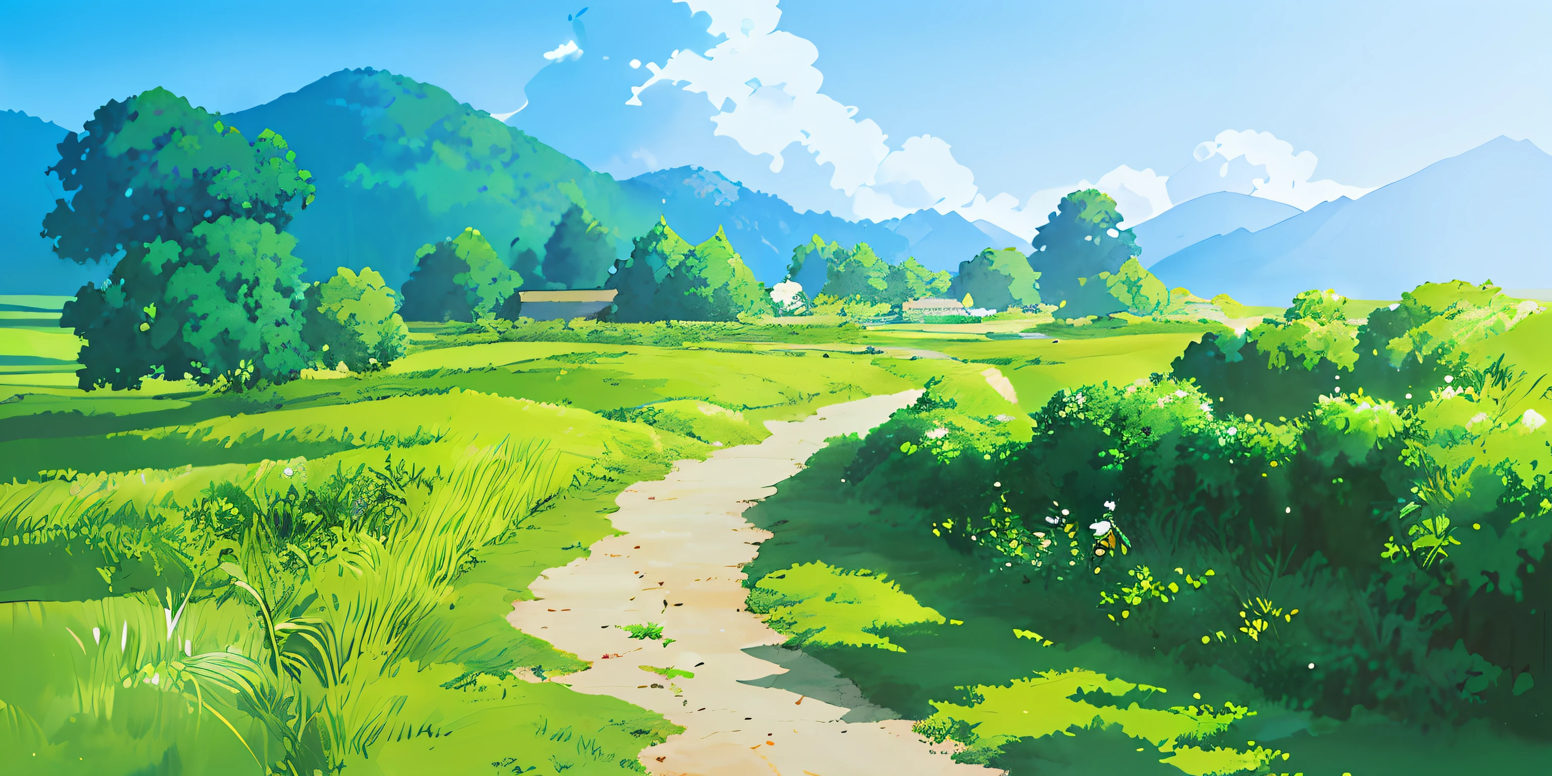 (((best quality)))), an umlaut on a hill with a path leading to it, anime countryside, anime background art, anime scenery, soft studio ghibli concept art, beautiful anime scenery, anime set concept art, studio ghibli concept art, ghibli studio environment, anime landscape, beautiful anime scene,  Glibly Makoto Shinkai Studio, Ghibli Studio Landscape, Cottagecore!!