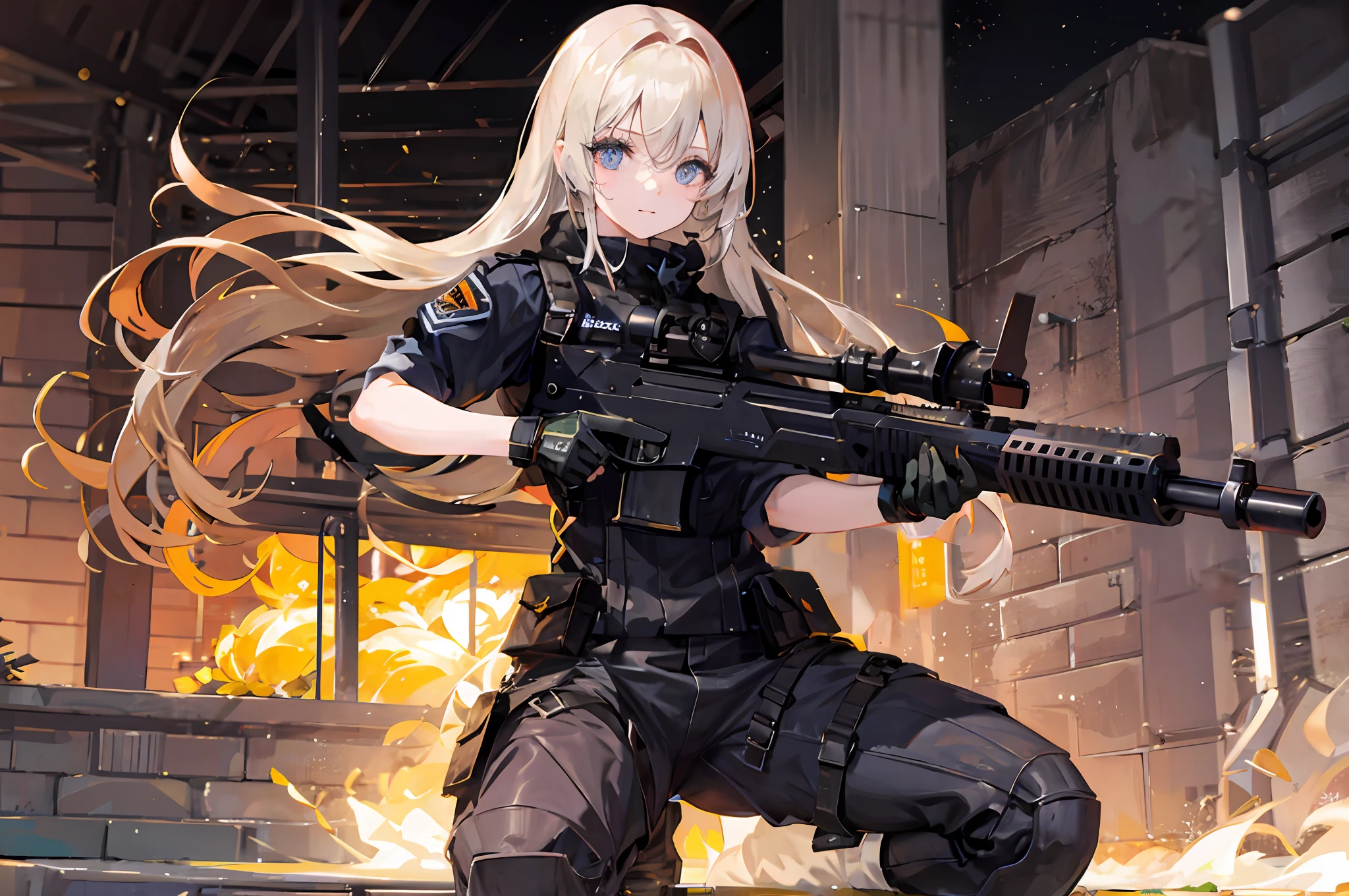 {{Masterpiece, top quality, highly detailed CG, unified 8k wallpaper, movie lighting, lens flare}}, 1 girl on one knee holding rifle, wide view, thick body, long blonde hair that floats, green eyes, (holding a weapon, holding a rifle, aiming, aiming: 1.4), gun, h&k hk416, carbine, open fire, firing and muzzle flash