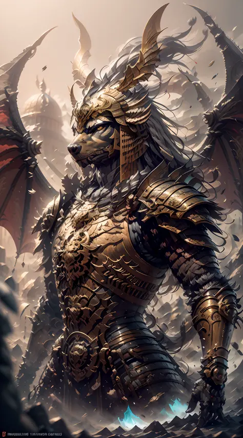 (Full Body Complex Armor: 1.2), (Full Body Blood: 3) There is a digital painting of an animal with a golden head and horns, portrait of a dragoon, mysterious Anubis Valkyrie, ultra-detailed fantasy figures, cyborg dragon portraits, sleipnir, photo of the g...