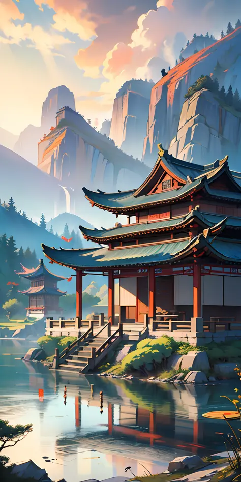 ancient chinese painting, ancient chinese background, mountains, small pavilion surrounded by lake, sunlight, masterpiece, super detail, epic composition, ultra hd, high quality, extremely detailed, official art, unified 8k wallpaper, super detail, 32k -- ...