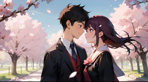 Upper body, vista, panorama, a boy and a girl, looking at each other, smiling, student uniform, smiling, cherry blossoms, petals, sky, campus