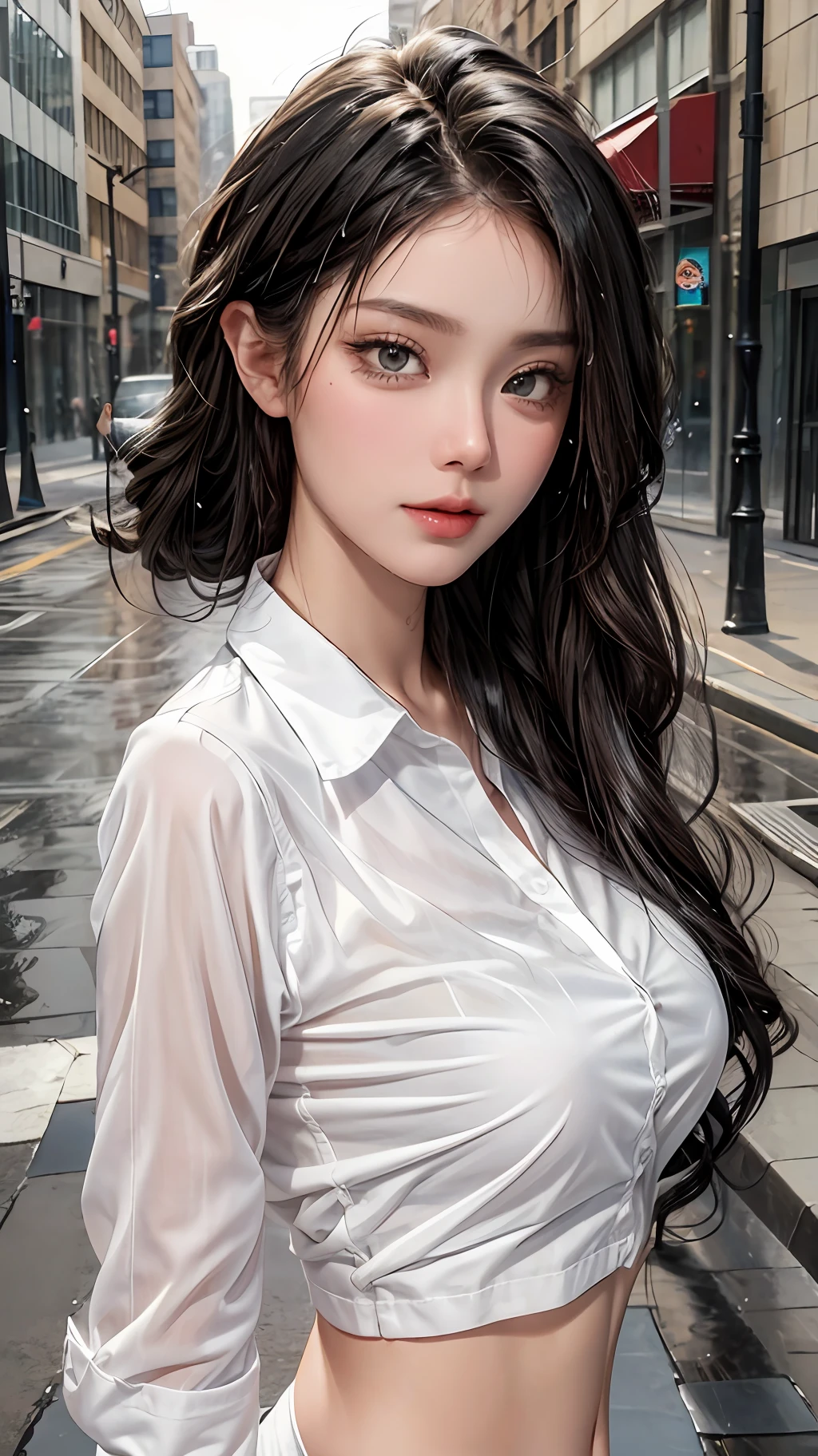 ((Best Quality, 8K, Masterpiece: 1.3)), Sharp: 1.2, Perfect Body Beauty: 1.4, Slim Abs: 1.2, ((Layered Hairstyle, Big Breasts: 1.2)), (Wet White Button Long Shirt: 1.1), (Rain, Street: 1.2), Wet: 1.5, Highly detailed face and skin texture, detailed eyes, double eyelids, side face looking at the camera