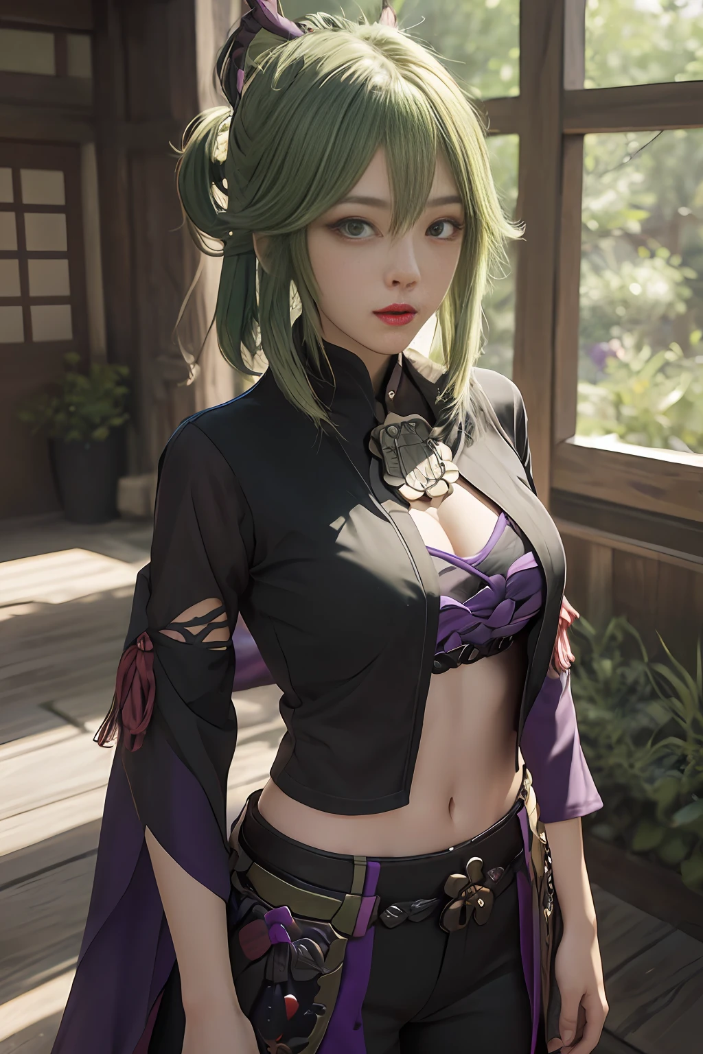 Master masterpiece,, the best quality, extreme details, shiny, shiny hair, shiny clothes, ((green hair)), (purple eyes), purple tunic, purple Chinese knot hair ornament, face shield, exposed navel, upper body,
Shinobu Kugi (Genshin Impact)