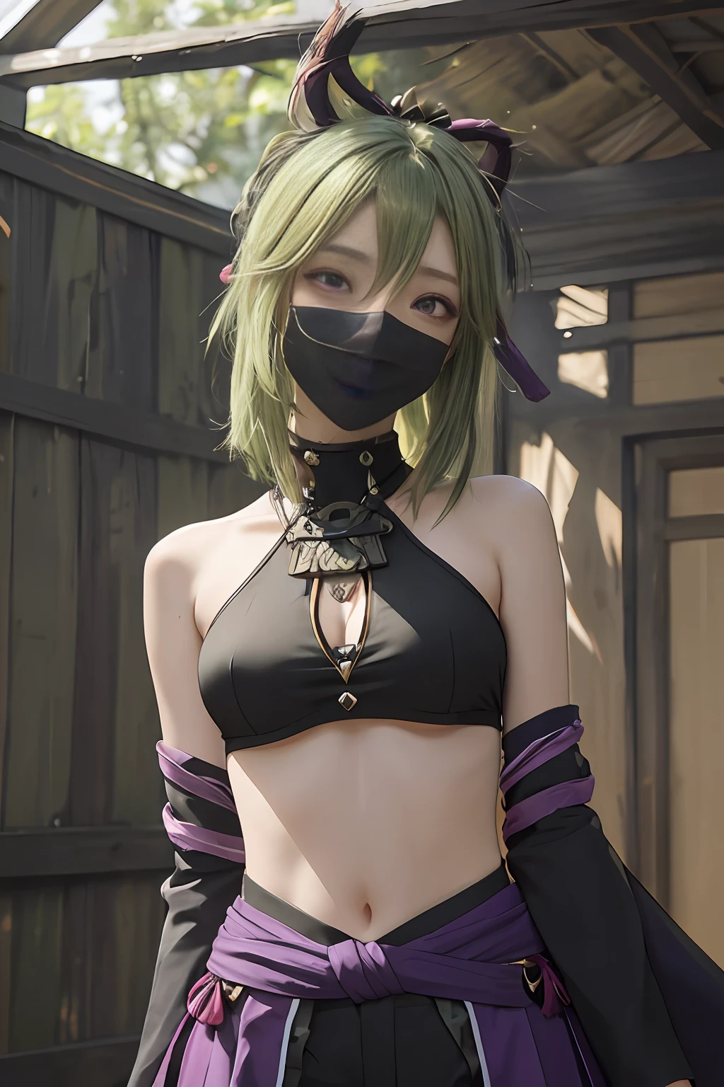 Master masterpiece,, the best quality, extreme details, shiny, shiny hair, shiny clothes, ((green hair)), (purple eyes), purple tunic, purple Chinese knot hair ornament, face shield, exposed navel, upper body,
Shinobu Kugi (Genshin Impact)